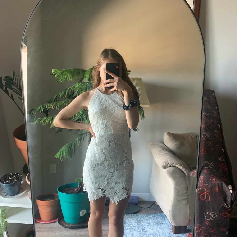 Dry goods high neck open back strap lace white mini dress